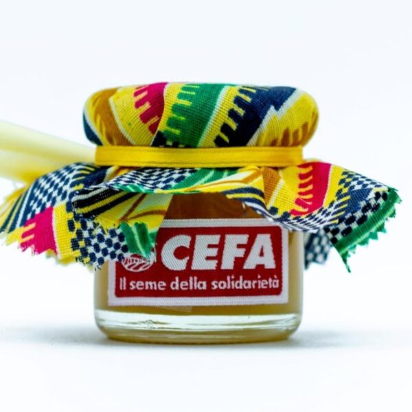 vasetto di miele solidale come bomboniera per sostenere apicoltura in Africa. Il vasetto di 40 gr è coperto da un colorato pezzo di stoffa africana, chiuso da un nastrino giallo. Questa stoffa è gialla rossa e verde